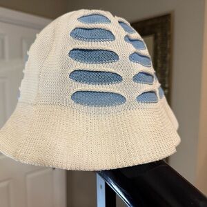 White and Blue Knit Bucket Hat